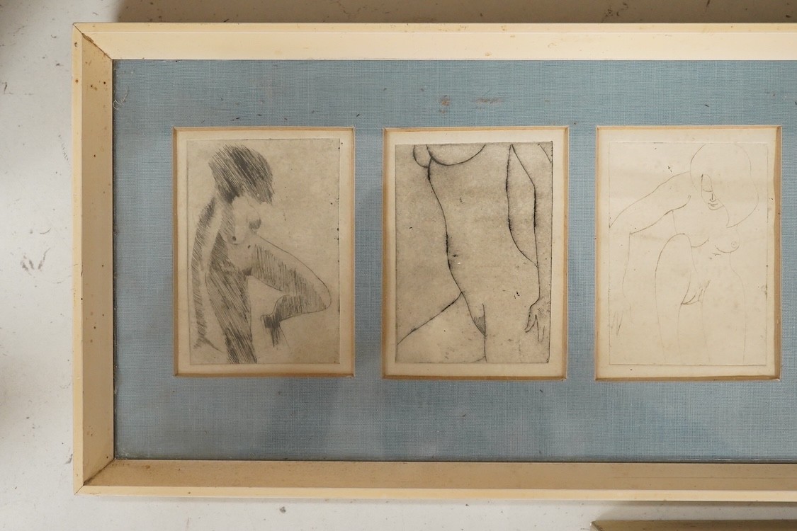 Bill Parrot, Set of seven etchings, Nude female studies, unsigned, framed as one, inscribed verso together with a small oil study of a locomotive, largest overall 16.5 x 56cm